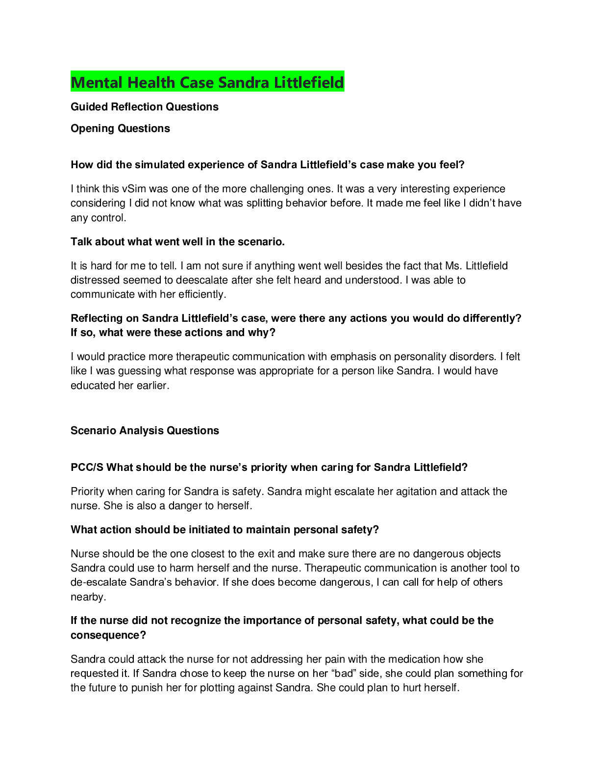 Preview image for Mental Health Case Sandra Littlefield Guided Reflection Questions, Scenario Analysis Questions, Concluding Questions, Documentation Assignments (answered) Spring 2021